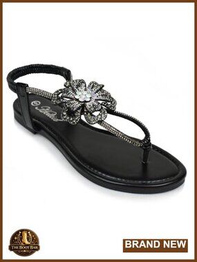 Rhinestone Thong Flat Sandals T-Strap Flower Boho Wedding Dressy